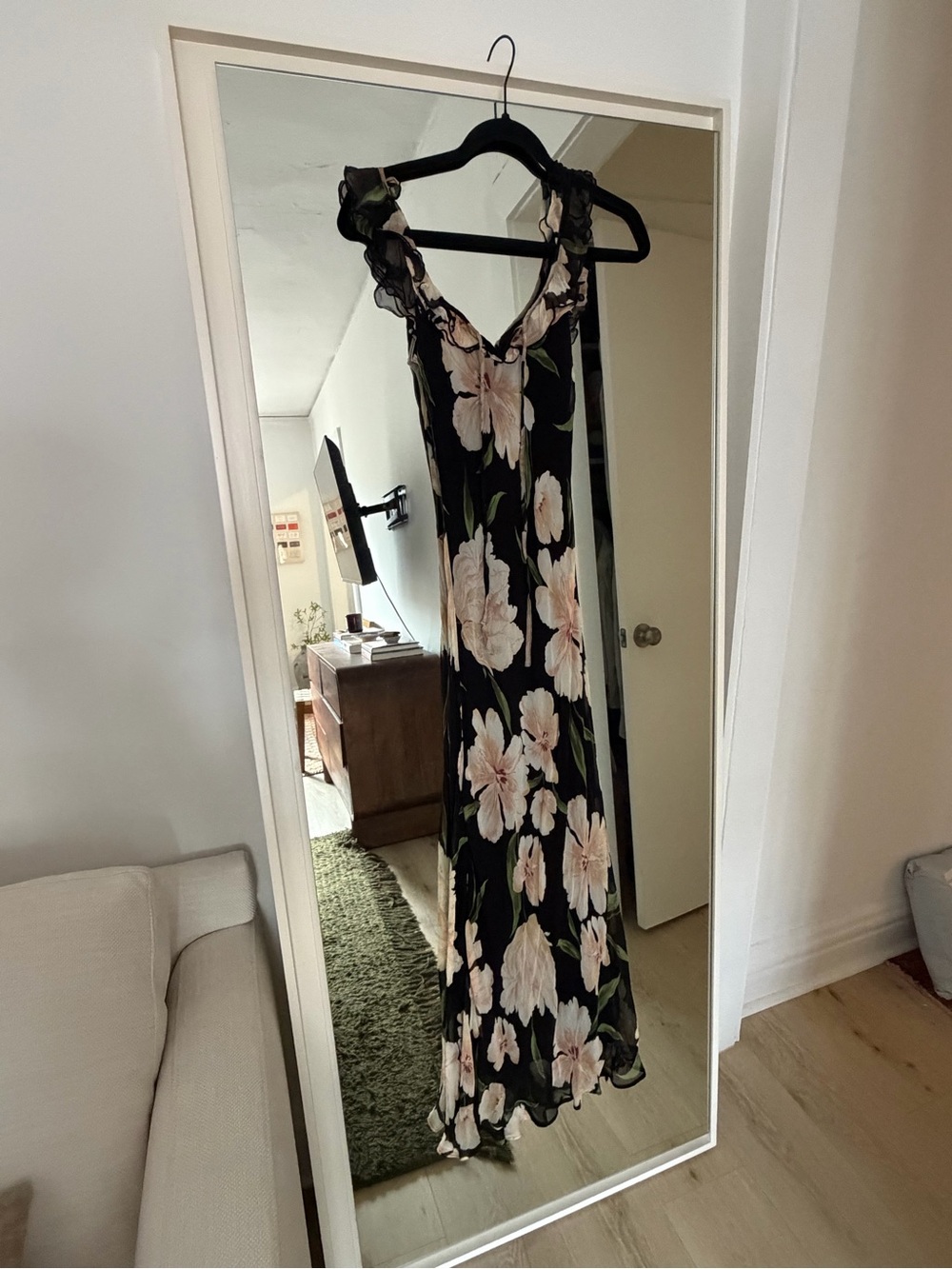 Mango Black Midi Dress with Blush Floral Print